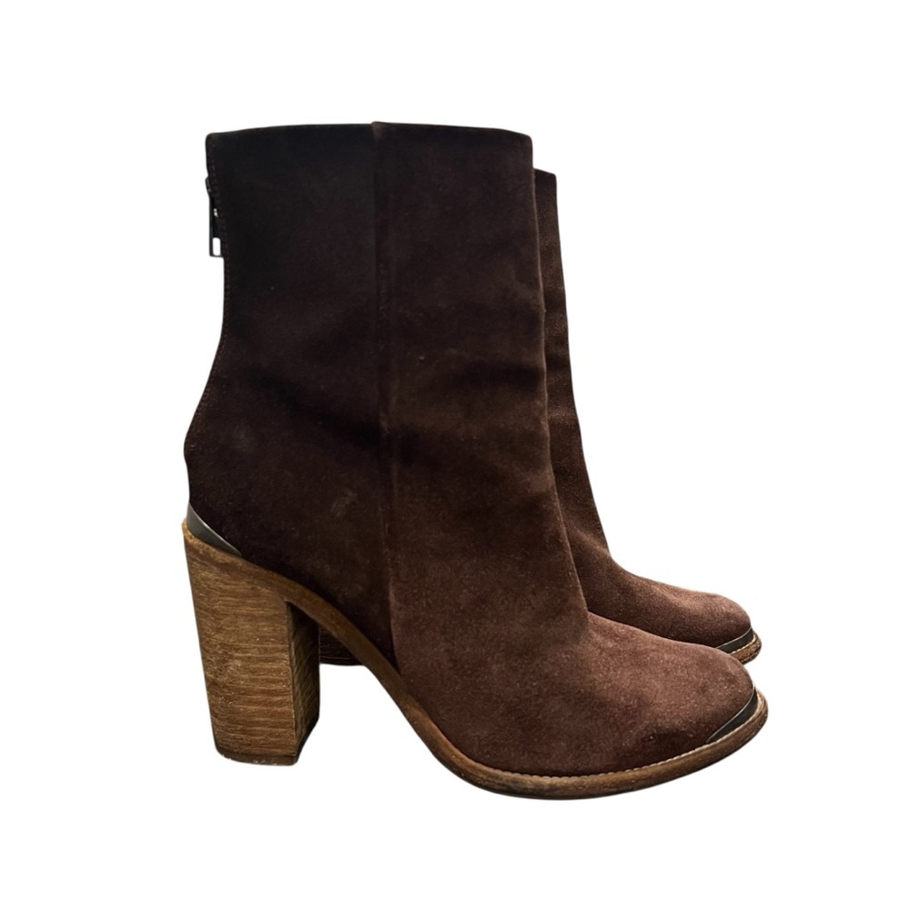 ALLSAINTS Suede Leather Boots Stacked Heel Booties Chocolate Brown Size 39 - Picture 3 of 12